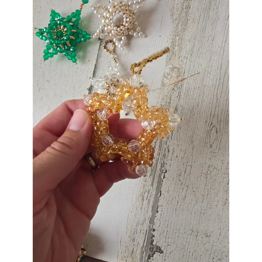 Beaded star ornament green gold pearls Xmas tree